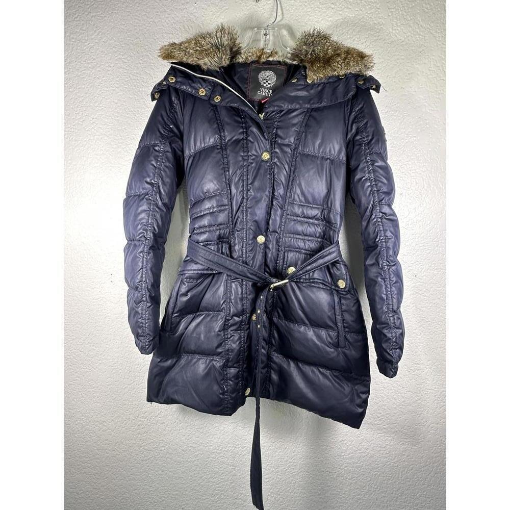Women’s XS Vince Camuto Belted Puffer Coat Faux Fur Hood Navy Winter Down Filled